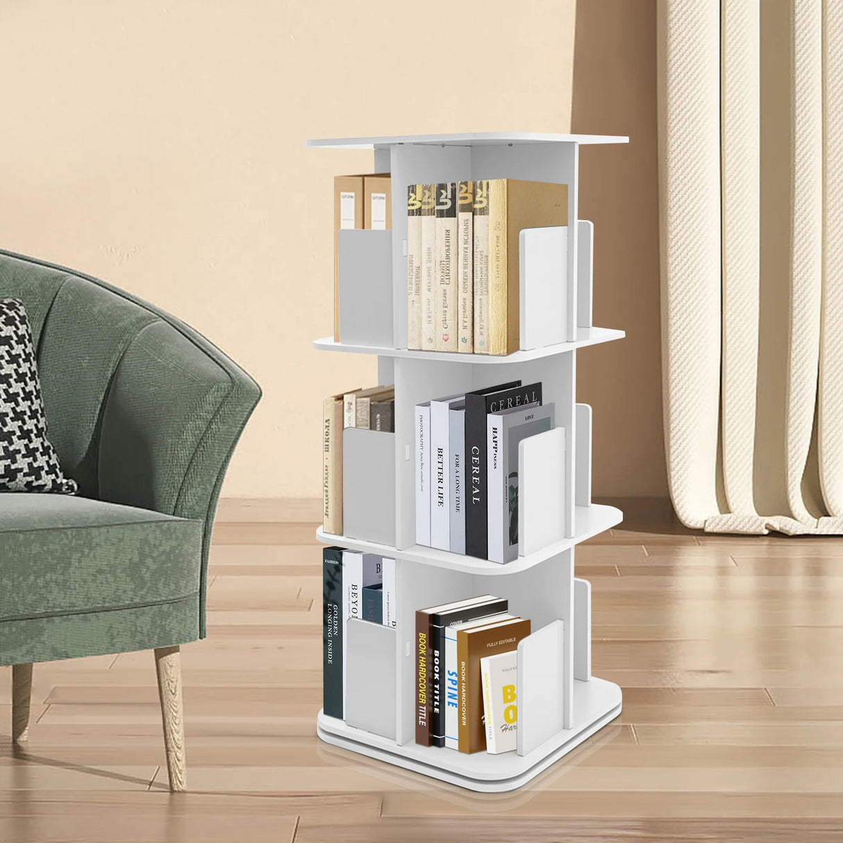 Good Stability 3 Tier Standing Bookcase 360° Rotating Bookshelf Space-Saving for Bedrooms/Living Rooms/Game Rooms Safe Baffle