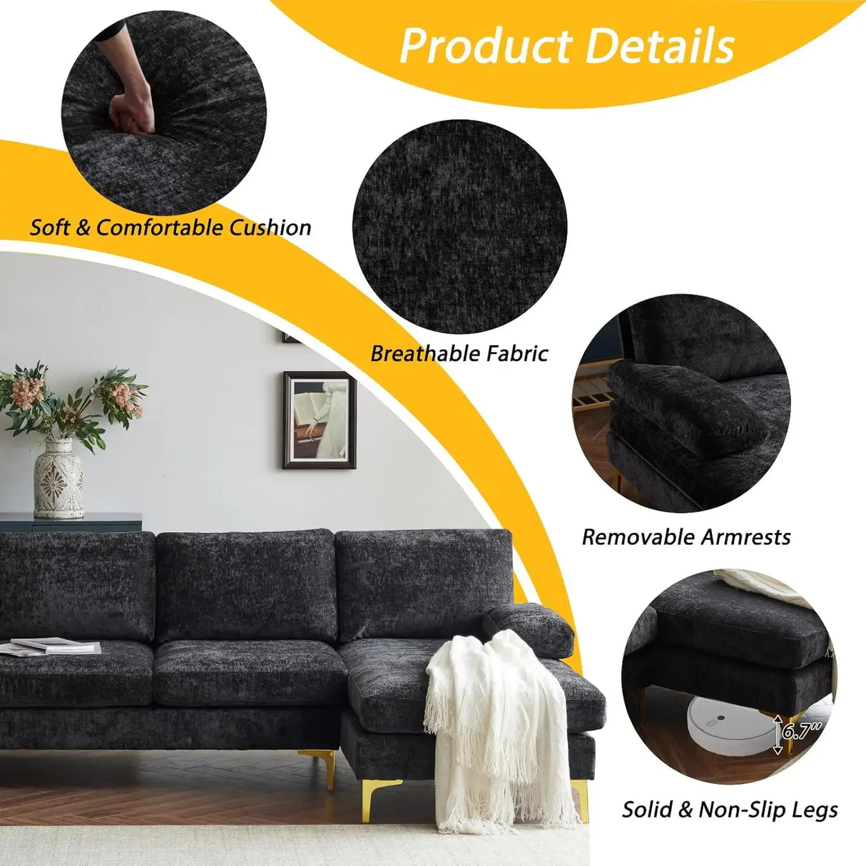 Convertible Sectional Sofa 110" U-Shape Sofa Couch 4-Seat Couch with Chaise ChenilleFabric Upholstered for Living Room