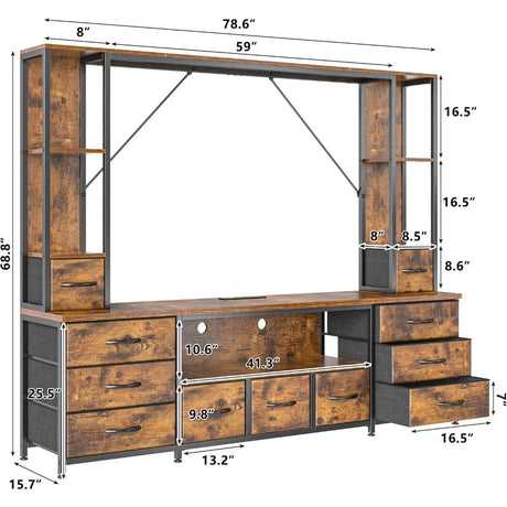 65" TV Stands for Living Room, Large Wall Unit Entertainment Center with 11 Fabric Drawer,Dresser TV Stand with 2 LED Lights &
