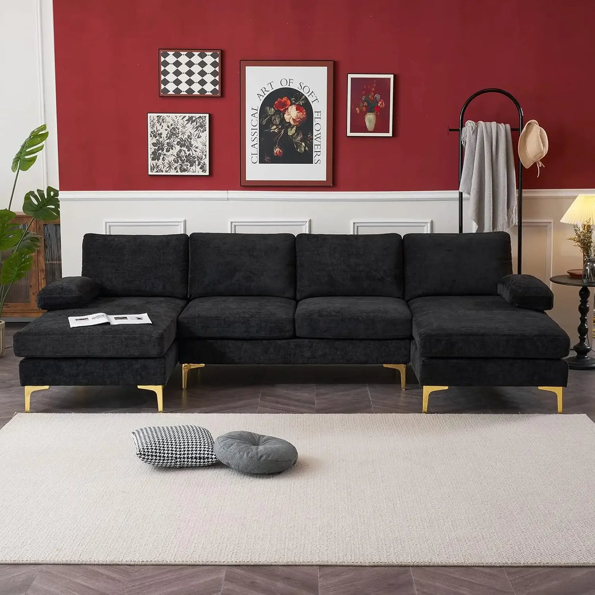 Convertible Sectional Sofa 110" U-Shape Sofa Couch 4-Seat Couch with Chaise ChenilleFabric Upholstered for Living Room