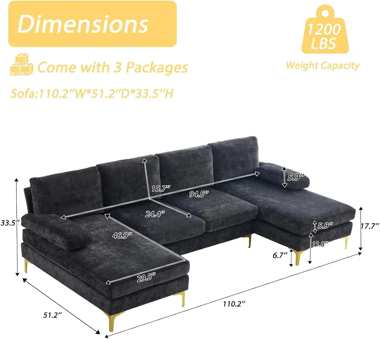 Convertible Sectional Sofa 110" U-Shape Sofa Couch 4-Seat Couch with Chaise ChenilleFabric Upholstered for Living Room