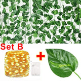 Artificial Plant Green Ivy Leaf With Fairy Light Garland Silk Wall Hanging Vine DIY Fake Wreath Leaves Home Garden Decorations