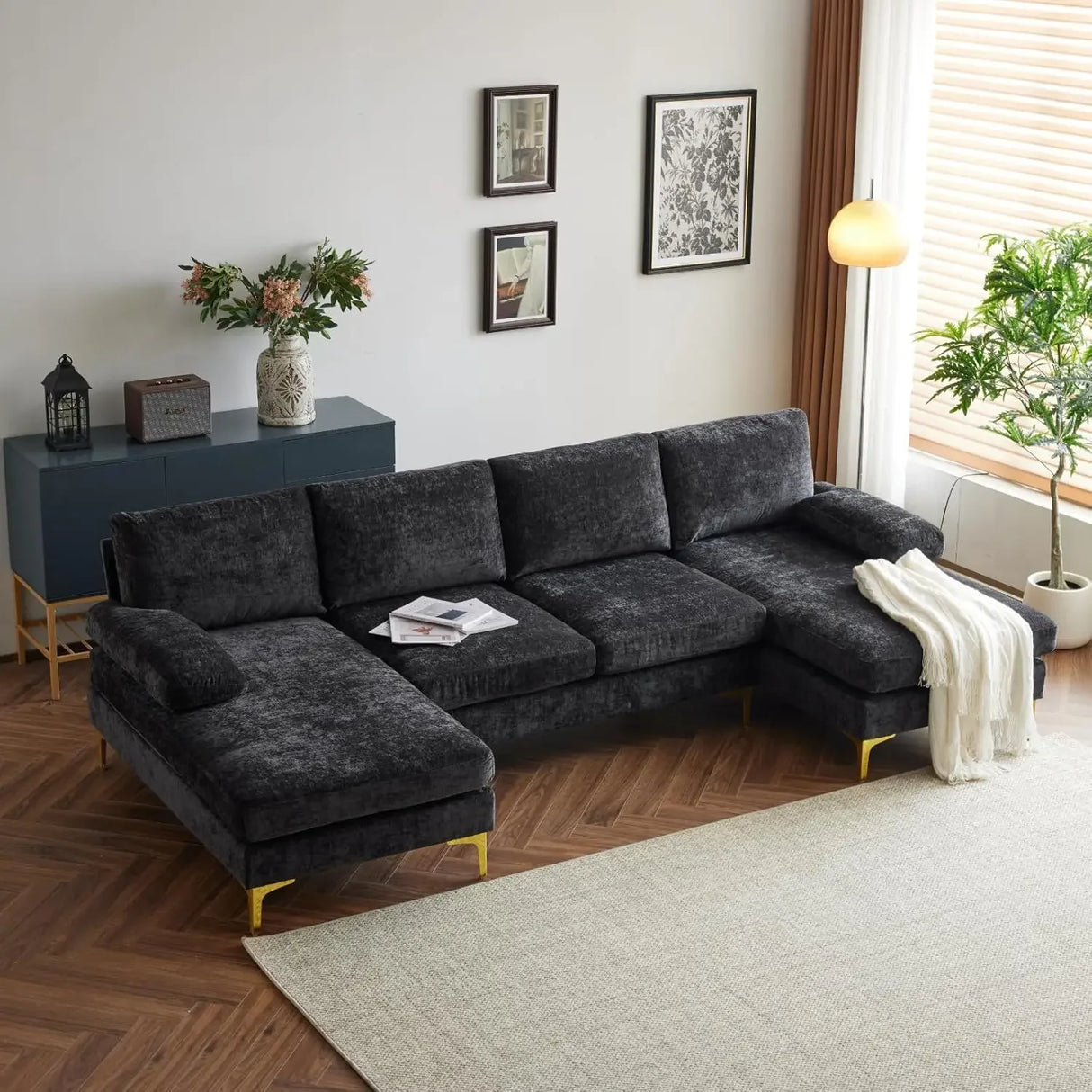 Convertible Sectional Sofa 110" U-Shape Sofa Couch 4-Seat Couch with Chaise ChenilleFabric Upholstered for Living Room