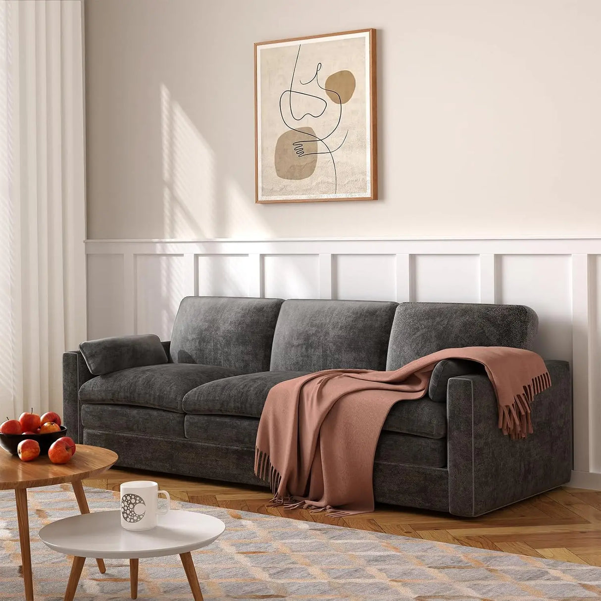89 inch 3-Seater Fixed Chenille Sofa Modern Living Room Couch, Durable Fabric, Comfortable Sectional Sofa for Home