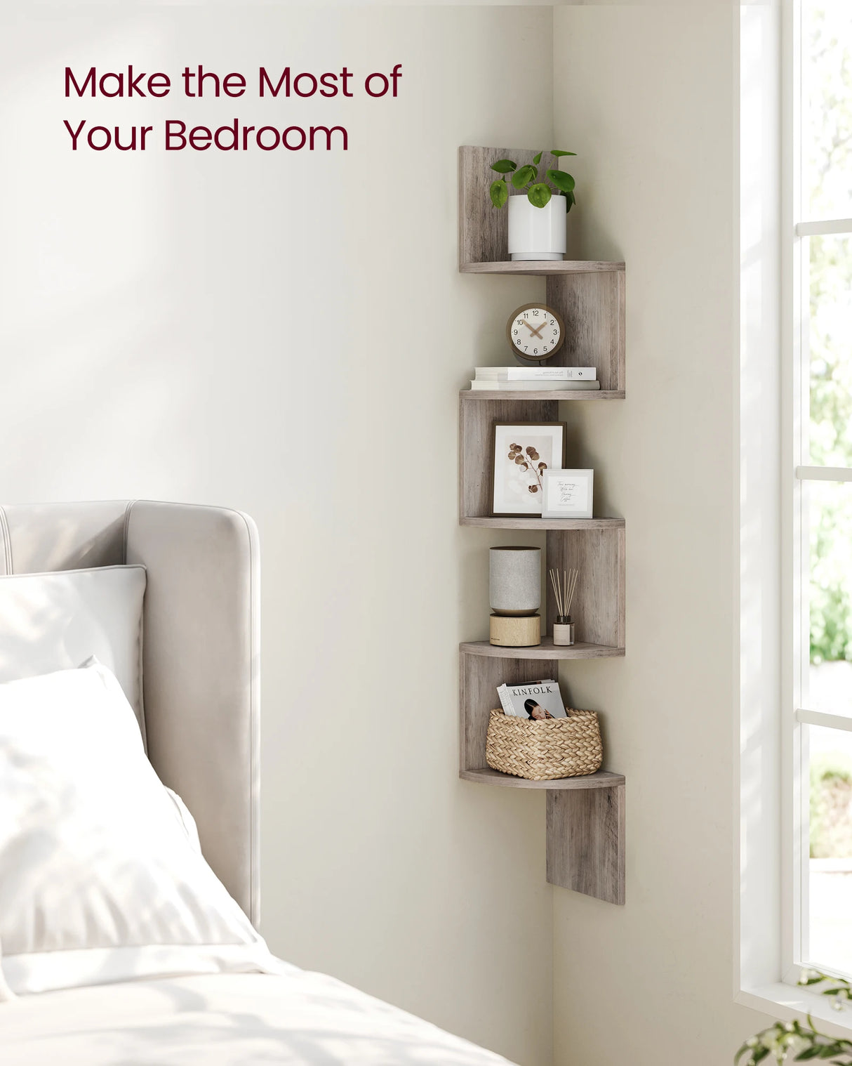 VASAGLE Corner Shelf Wall Mount, 5-Tier Floating Corner Bookshelf, Plant Shelf for Bedroom, Living Room, Bathroom, Home Office