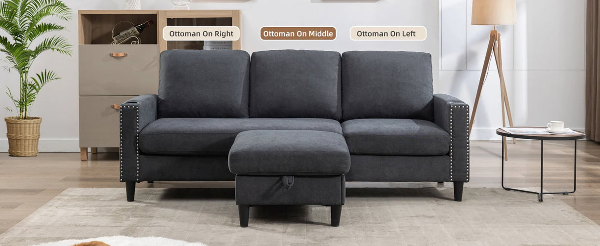 Sectional Couches for Living Room, L-Shaped Couch 3 Seats Sofas with Storage Chaise & 2 Cup Holders, Small Sofa for