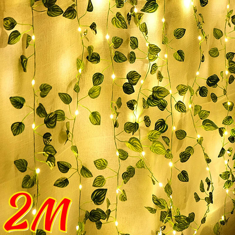 Artificial Plant Green Ivy Leaf With Fairy Light Garland Silk Wall Hanging Vine DIY Fake Wreath Leaves Home Garden Decorations