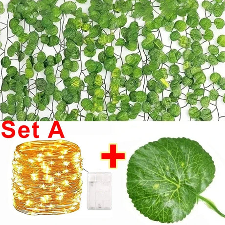 Artificial Plant Green Ivy Leaf With Fairy Light Garland Silk Wall Hanging Vine DIY Fake Wreath Leaves Home Garden Decorations