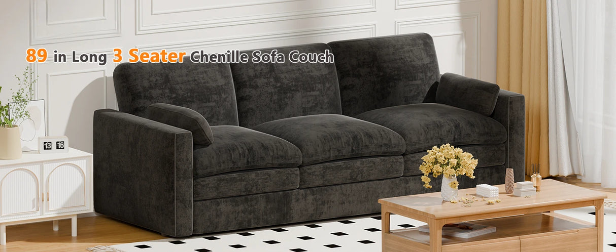 89 inch 3-Seater Fixed Chenille Sofa Modern Living Room Couch, Durable Fabric, Comfortable Sectional Sofa for Home