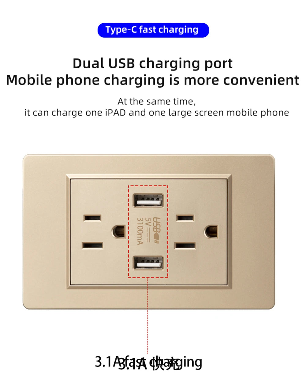 Herepow 118 Series Thailand American Standard Dual USB Wall Socket Smart Home Appliance Plug Adapter Type-c 3.1A Fast Charging - Crystal Decor Shop