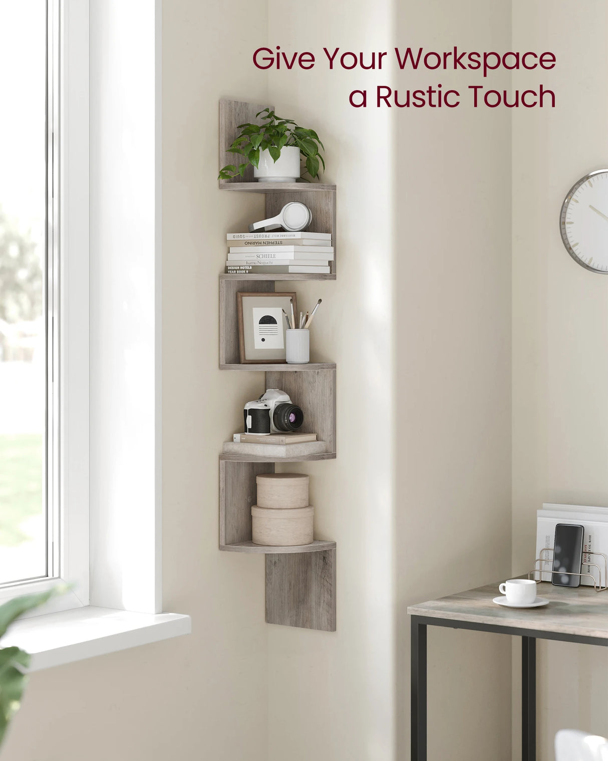 VASAGLE Corner Shelf Wall Mount, 5-Tier Floating Corner Bookshelf, Plant Shelf for Bedroom, Living Room, Bathroom, Home Office