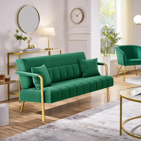56.5" W Modern Sofa Small Sofa Luxurious Velvet Fabric Couch with Gold-Tone Metal Arms and Legs for Living Room, Home Office