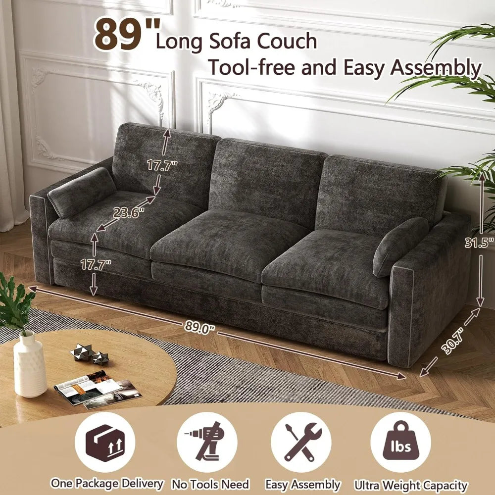 89 inch 3-Seater Fixed Chenille Sofa Modern Living Room Couch, Durable Fabric, Comfortable Sectional Sofa for Home