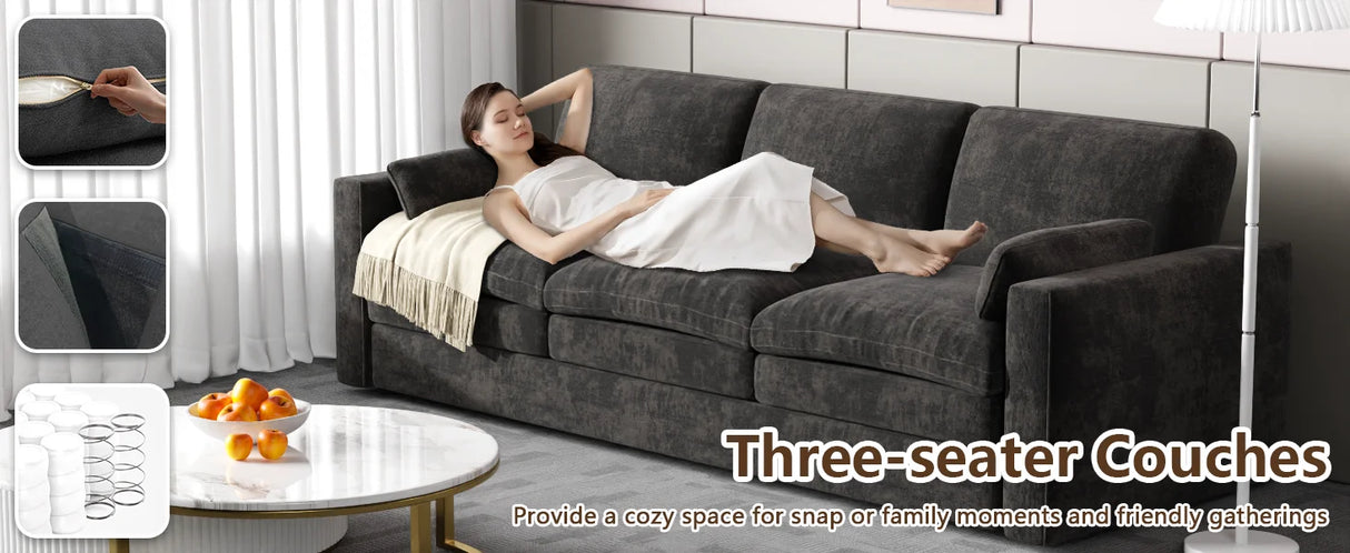 89 inch 3-Seater Fixed Chenille Sofa Modern Living Room Couch, Durable Fabric, Comfortable Sectional Sofa for Home