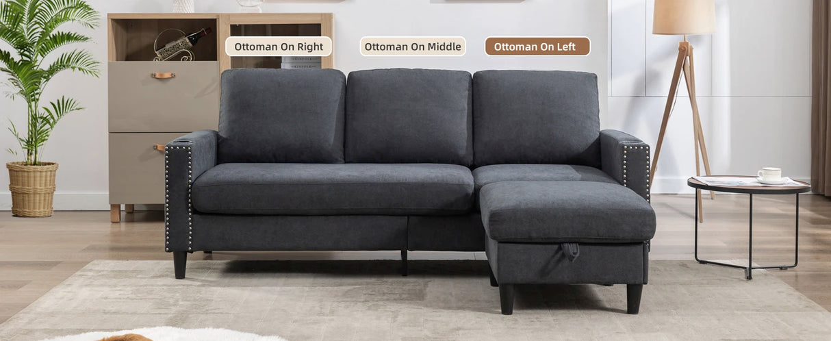Sectional Couches for Living Room, L-Shaped Couch 3 Seats Sofas with Storage Chaise & 2 Cup Holders, Small Sofa for