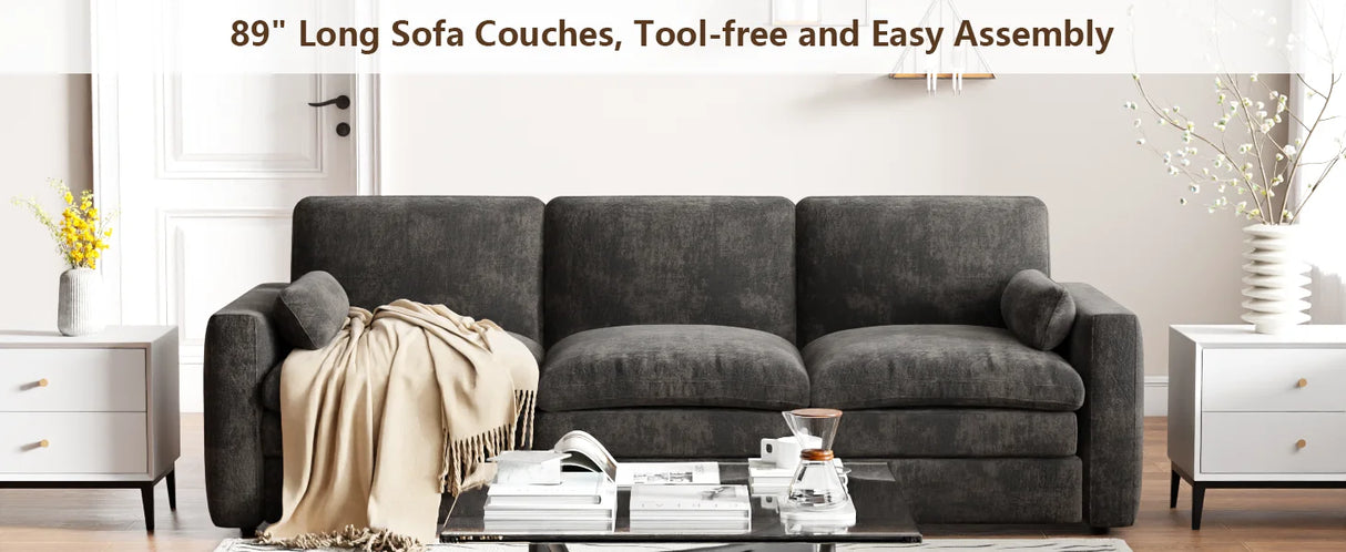 89 inch 3-Seater Fixed Chenille Sofa Modern Living Room Couch, Durable Fabric, Comfortable Sectional Sofa for Home