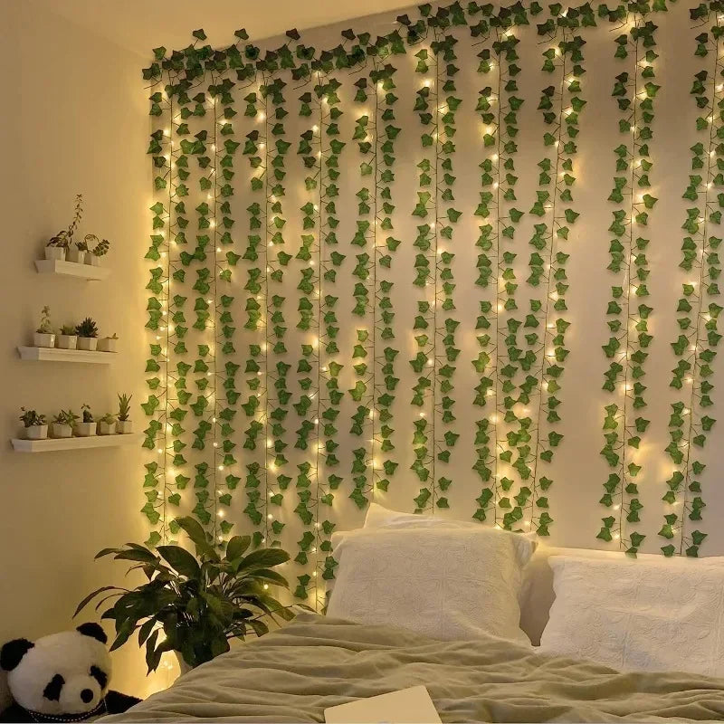 Artificial Plant Green Ivy Leaf With Fairy Light Garland Silk Wall Hanging Vine DIY Fake Wreath Leaves Home Garden Decorations