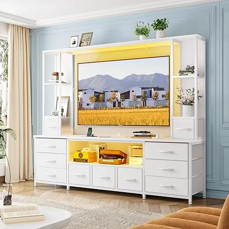 65" TV Stands for Living Room, Large Wall Unit Entertainment Center with 11 Fabric Drawer,Dresser TV Stand with 2 LED Lights &