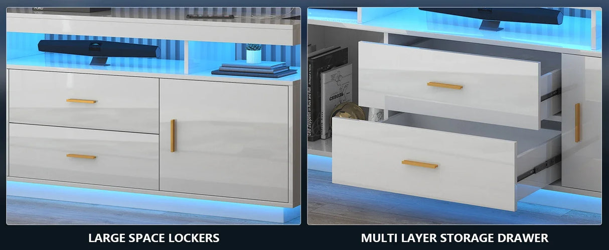 High Gloss Entertainment Center White with 3-Colors Lighting, LED Modern TV Stand for 65+ inch TV, Home Storage Cabinet