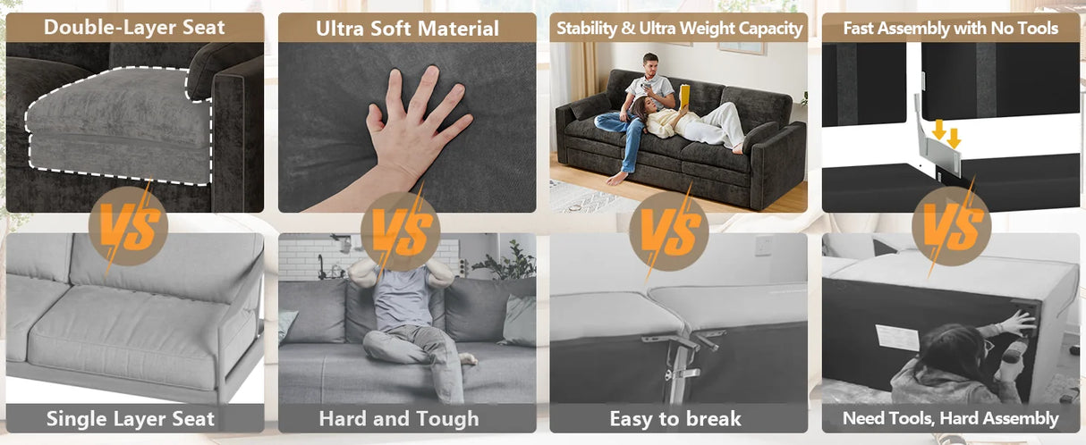 89 inch 3-Seater Fixed Chenille Sofa Modern Living Room Couch, Durable Fabric, Comfortable Sectional Sofa for Home