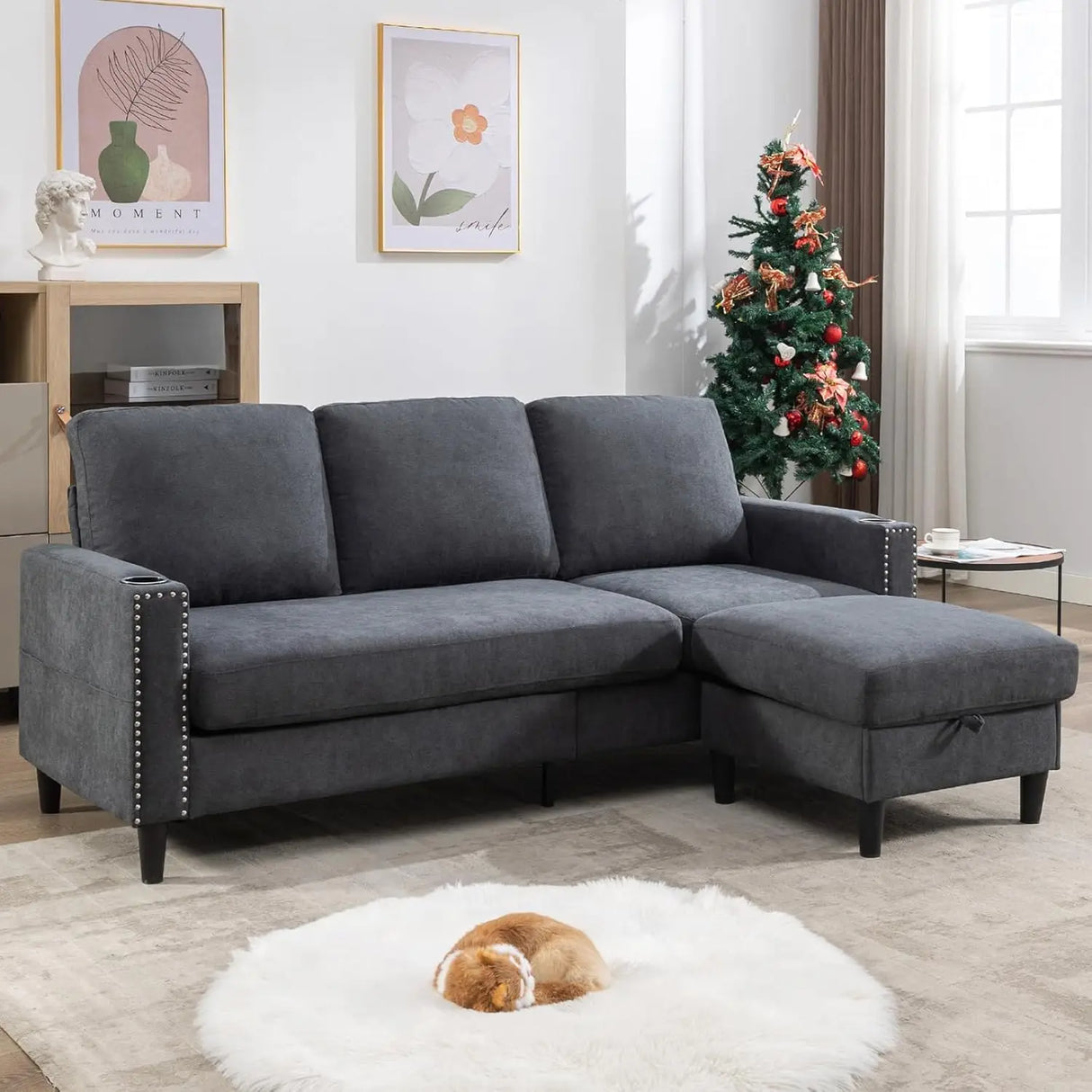 Sectional Couches for Living Room, L-Shaped Couch 3 Seats Sofas with Storage Chaise & 2 Cup Holders, Small Sofa for