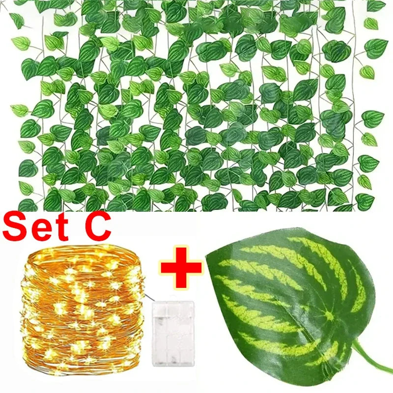 Artificial Plant Green Ivy Leaf With Fairy Light Garland Silk Wall Hanging Vine DIY Fake Wreath Leaves Home Garden Decorations