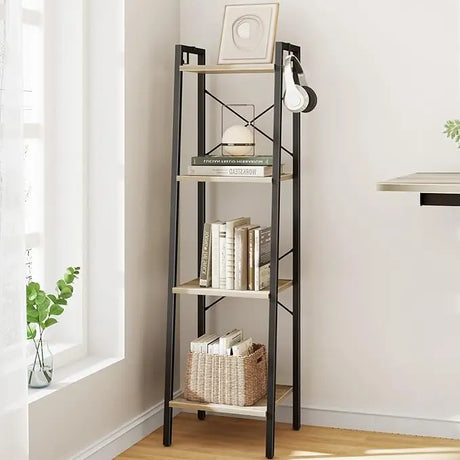 Ladder Shelf, Bookshelf Bookcase, Freestanding Corner Storage Shelve with 2 Hooks for Home Office, Living Room, Kitchen, Bedroom