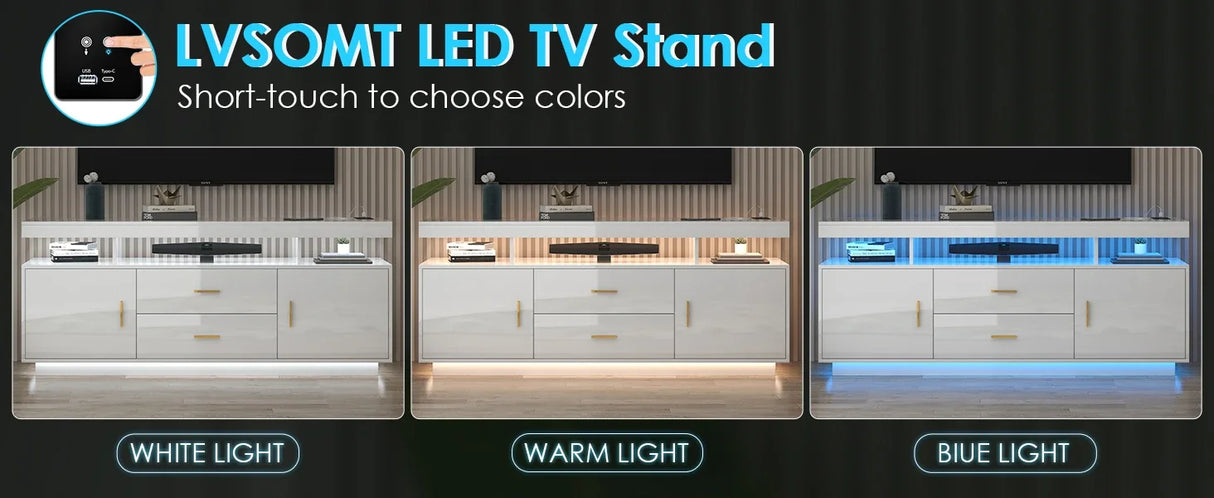 High Gloss Entertainment Center White with 3-Colors Lighting, LED Modern TV Stand for 65+ inch TV, Home Storage Cabinet